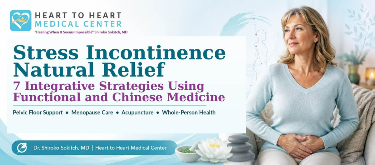Midlife woman exploring stress incontinence natural relief using Functional and Chinese Medicine